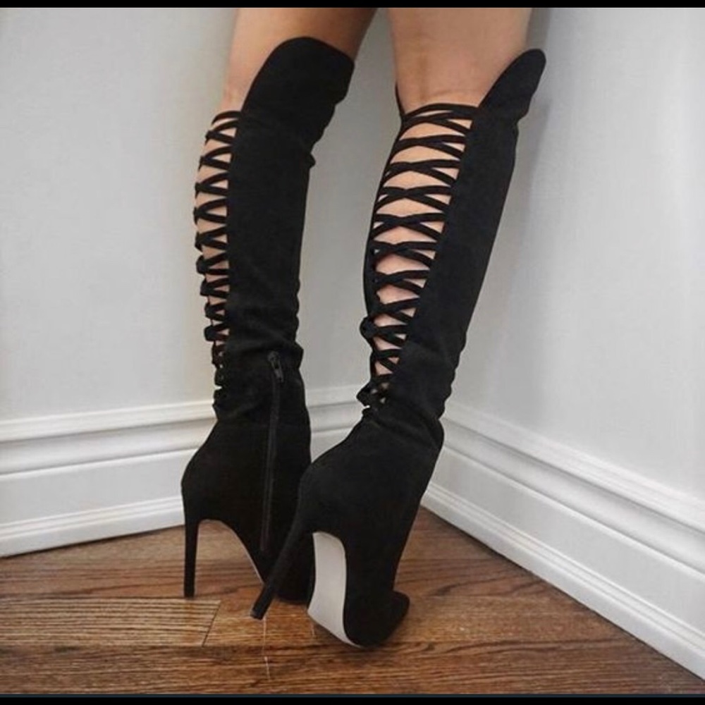 Black over the knee velvet feel boots